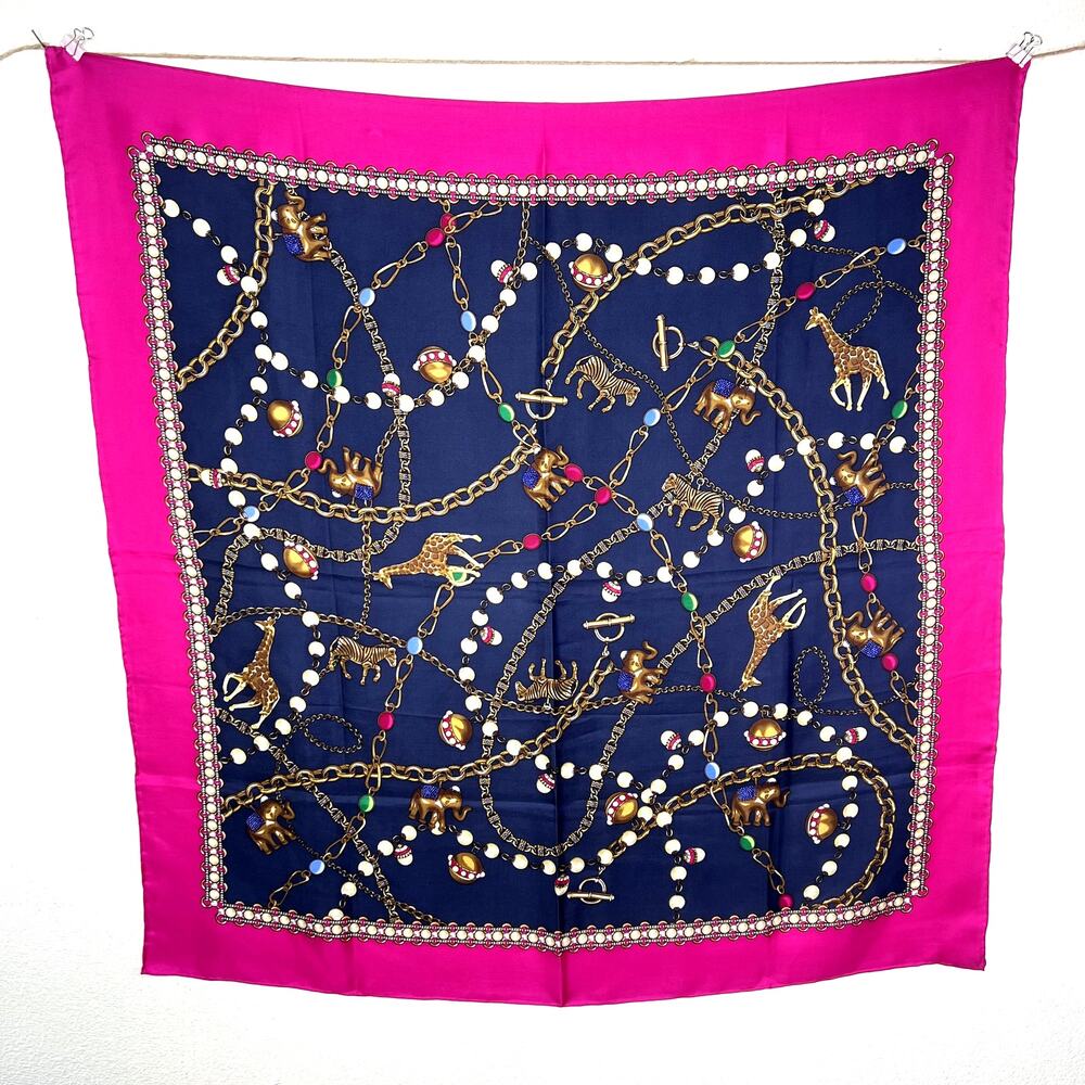 Vintage Silk Scarf Gold Chain Necklace Printed Animal Charms Pendants Fuchsia